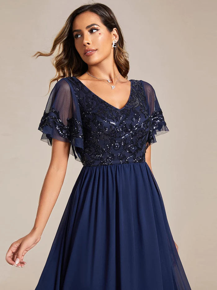 Kurzärmliges A-Linien-Kleid aus Chiffon mit Pailletten und V-Ausschnitt für die Brautmutter 
