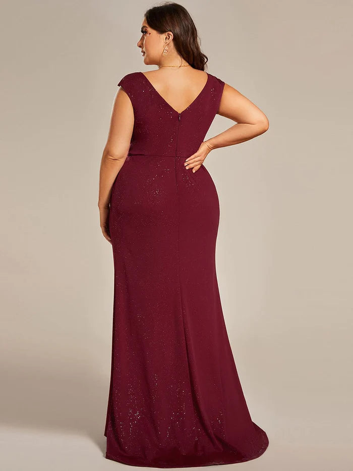 Elegantes Kleid für die Brautmutter in Übergröße mit V-Ausschnitt, Glitzer-Pailletten und Schlitz vorne 