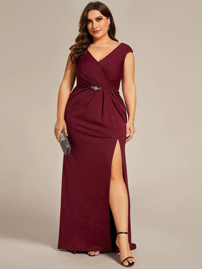 Elegantes Kleid für die Brautmutter in Übergröße mit V-Ausschnitt, Glitzer-Pailletten und Schlitz vorne 
