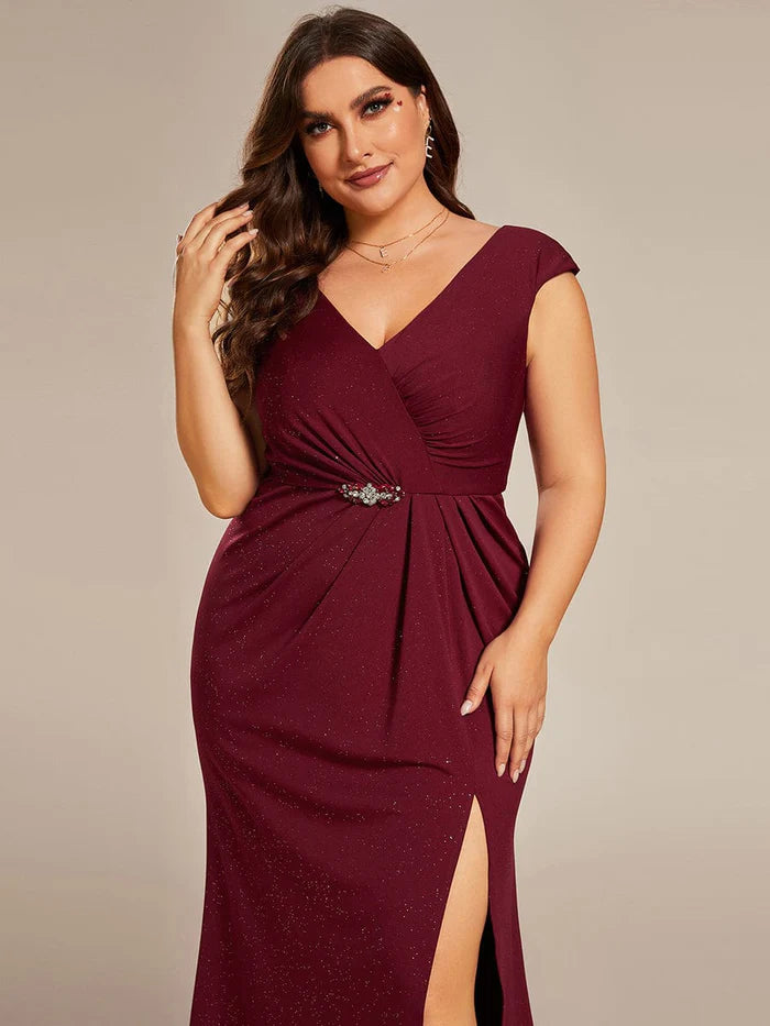 Elegantes Kleid für die Brautmutter in Übergröße mit V-Ausschnitt, Glitzer-Pailletten und Schlitz vorne 