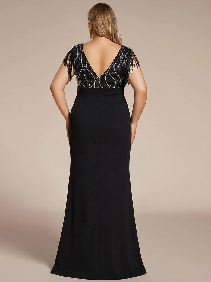 Ärmellos mit Quaste, hohem Schlitz, Meerjungfrau-Pailletten-Kleid für die Brautmutter