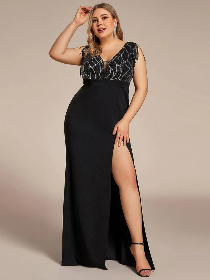 Ärmellos mit Quaste, hohem Schlitz, Meerjungfrau-Pailletten-Kleid für die Brautmutter