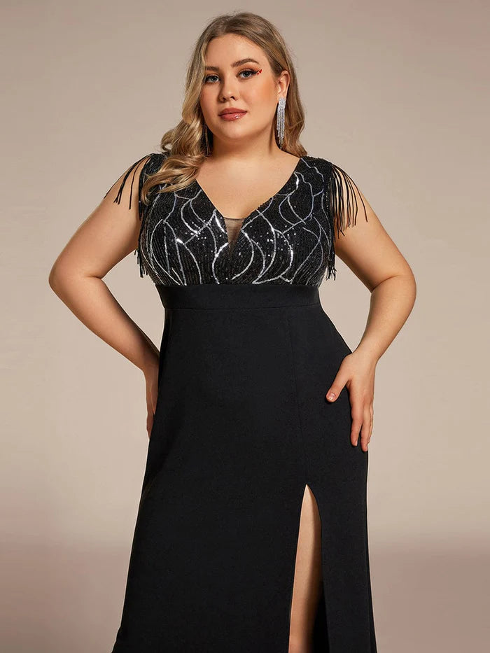 Ärmellos mit Quaste, hohem Schlitz, Meerjungfrau-Pailletten-Kleid für die Brautmutter