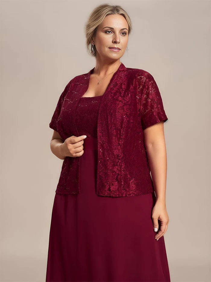 A-Linien-Chiffon-Kleid für die Brautmutter in Übergröße mit quadratischem Ausschnitt und Spitzen-Cardigan 