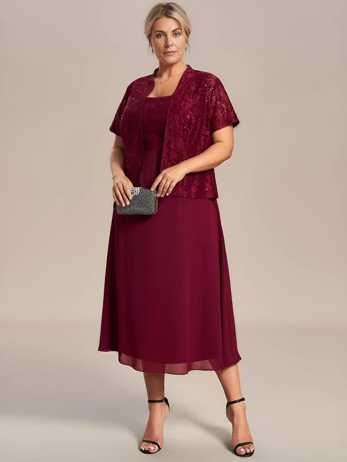 A-Linien-Chiffon-Kleid für die Brautmutter in Übergröße mit quadratischem Ausschnitt und Spitzen-Cardigan 