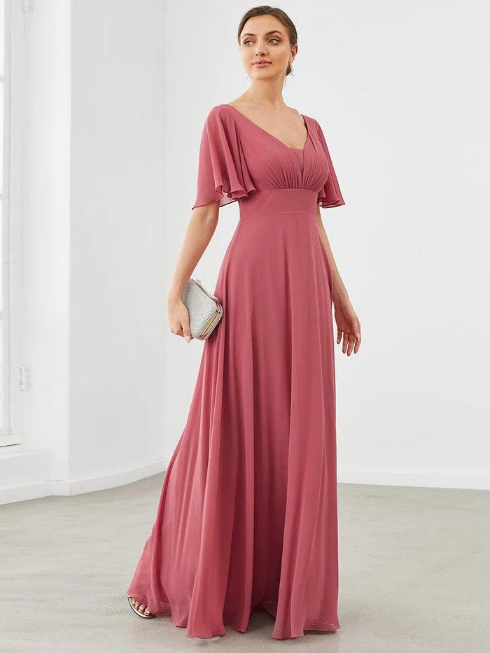 Robe mère de la mariée en mousseline à manches flottantes et col en V 