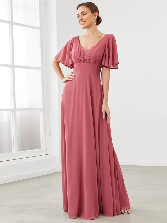 Robe mère de la mariée en mousseline à manches flottantes et col en V 