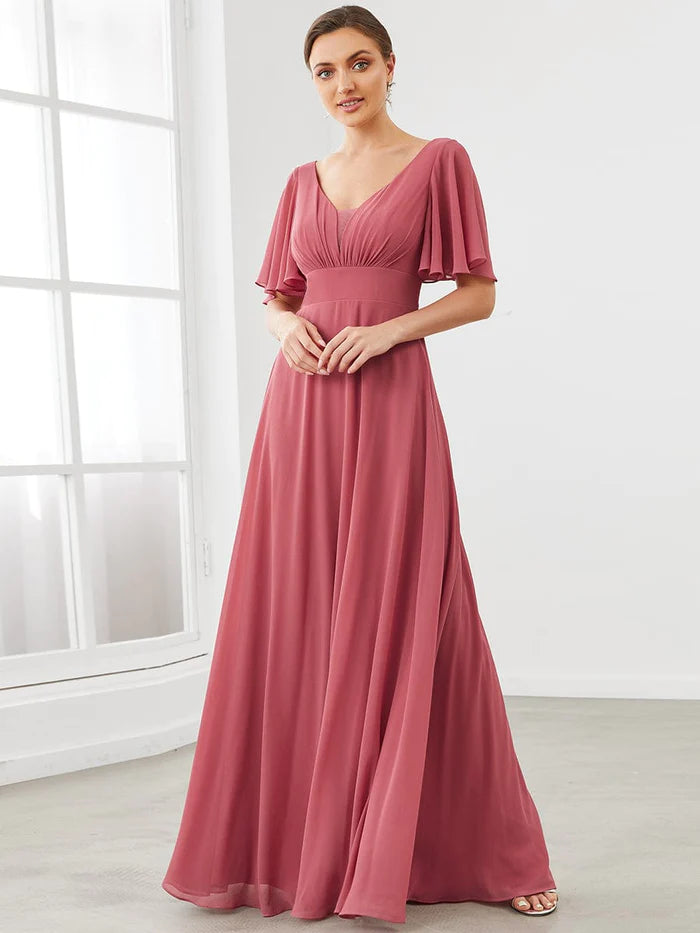 Robe mère de la mariée en mousseline à manches flottantes et col en V 
