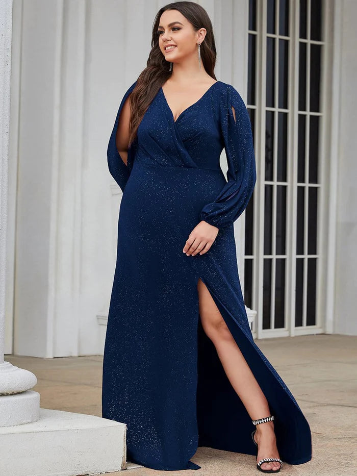 Bodenlanges Kleid für die Brautmutter in Übergröße mit Laternenärmeln und V-Ausschnitt 