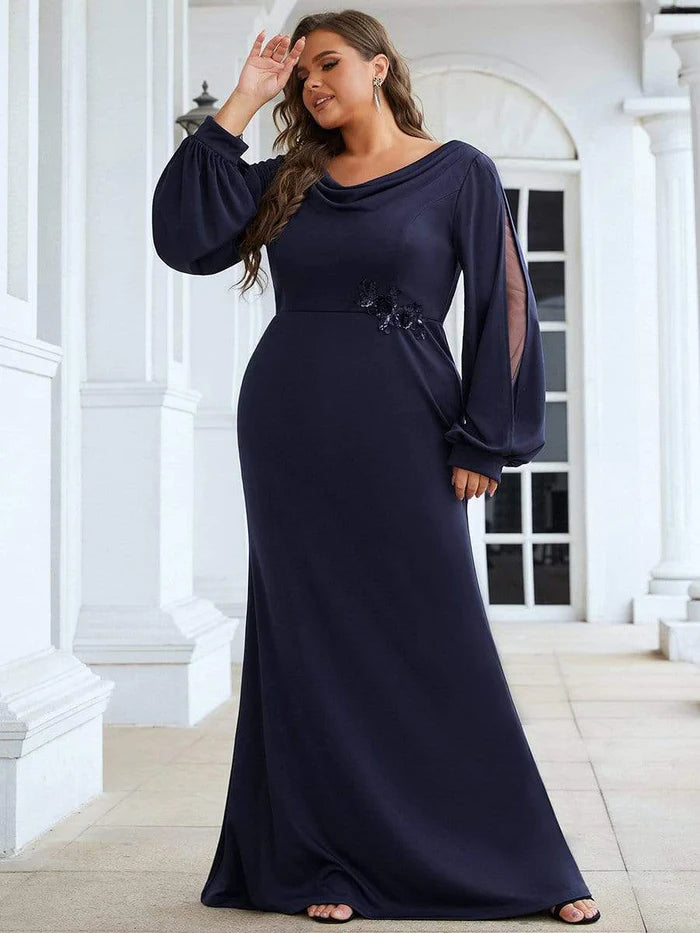 Strickkleid für die Brautmutter in Übergröße mit Laternenärmeln und Wasserfallausschnitt 