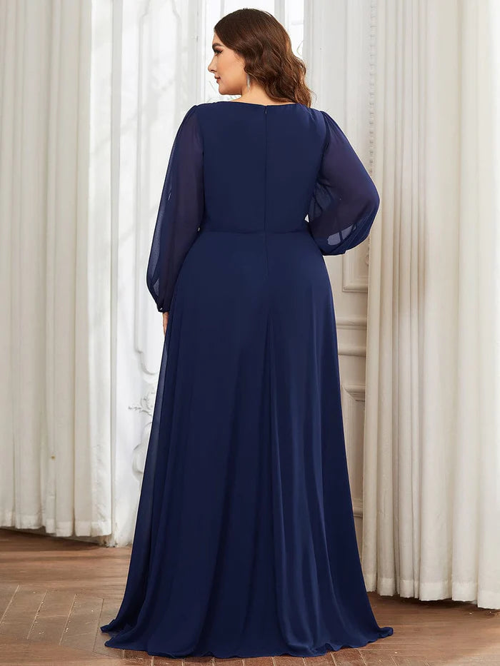Robe de soirée élégante grande taille en mousseline de soie avec manches longues lanternes