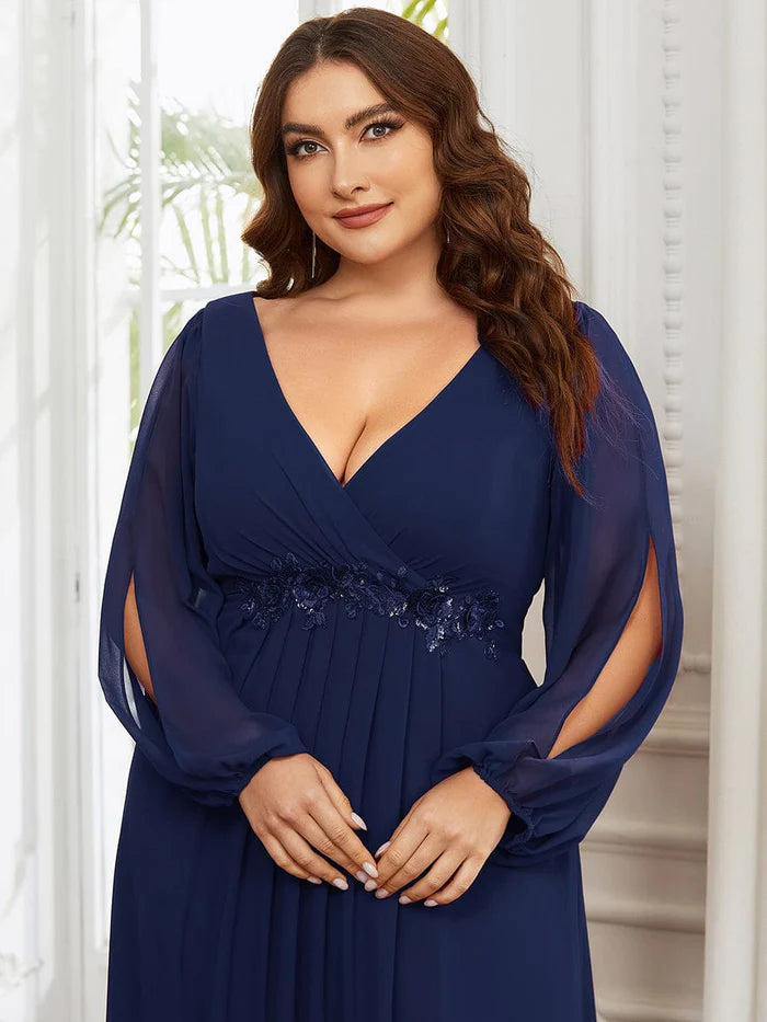 Stilvolle Chiffon-Abendkleider in Übergröße mit langen Laternenärmeln