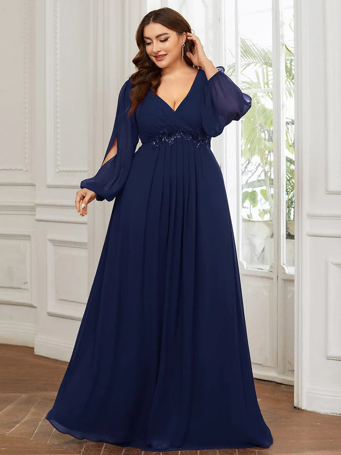 Robe de soirée élégante grande taille en mousseline de soie avec manches longues lanternes