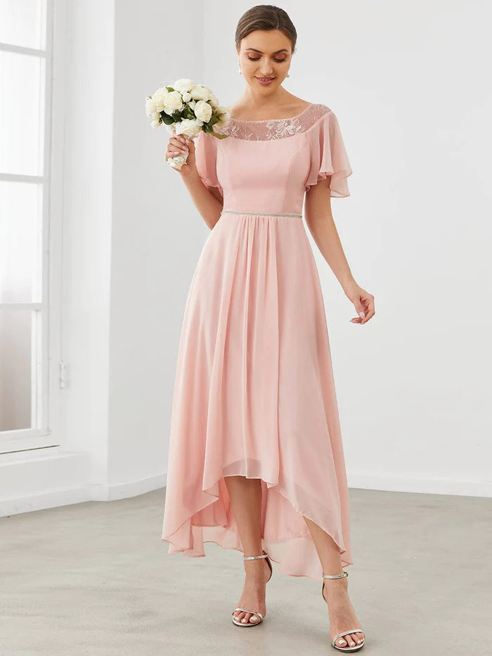 Robe de mère de la mariée en mousseline à manches volantées et ourlet asymétrique 