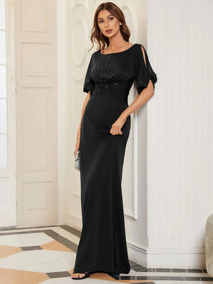 Trendiges, figurbetontes Hochzeitsgastkleid mit Rundhalsausschnitt und Ärmeln 
