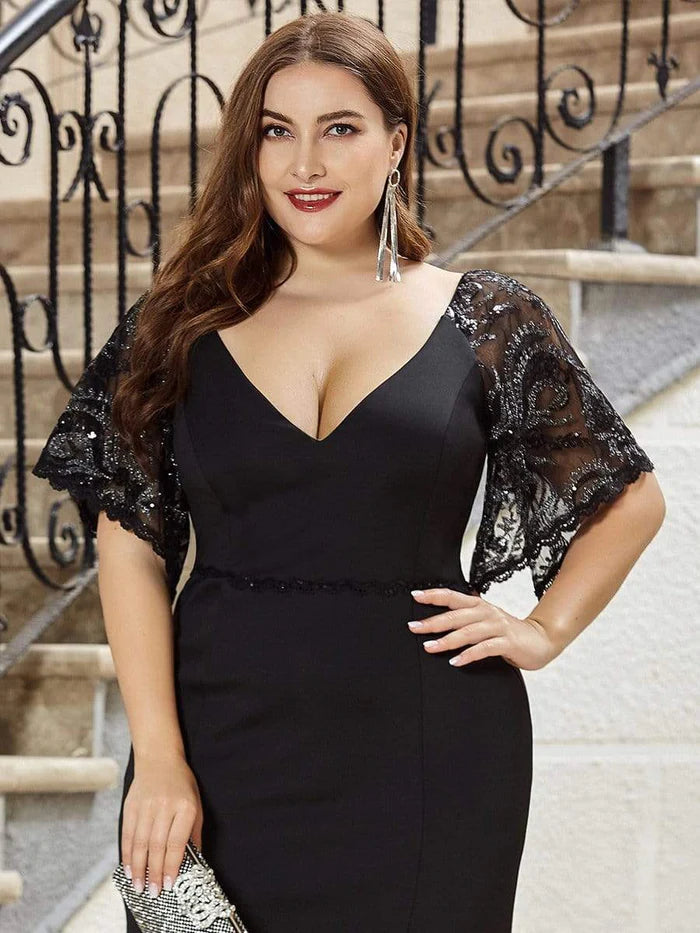 Robe de soirée élégante grande taille à col en V et queue de poisson pour femme 