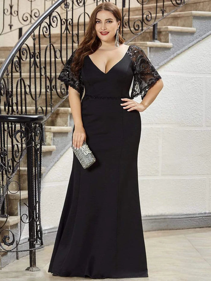 Robe de soirée élégante grande taille à col en V et queue de poisson pour femme 