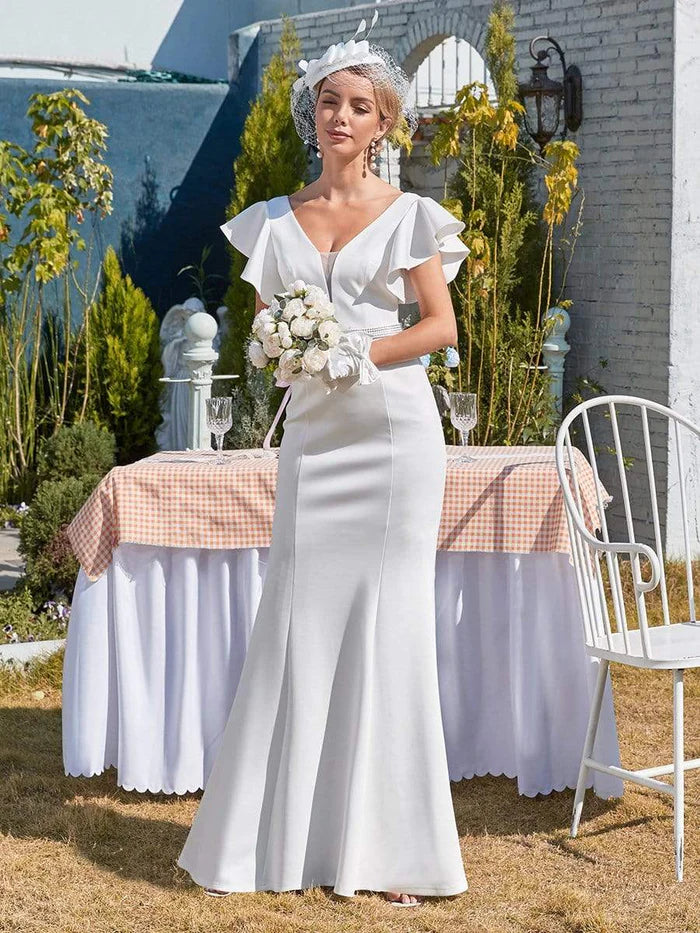 Robe de mariée sirène longue et simple avec corset queue de poisson et manches à volants