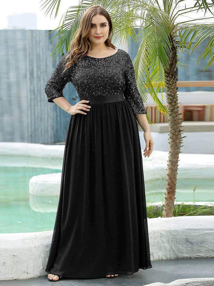 Robe de soirée élégante à paillettes et manches longues, décolleté rond 