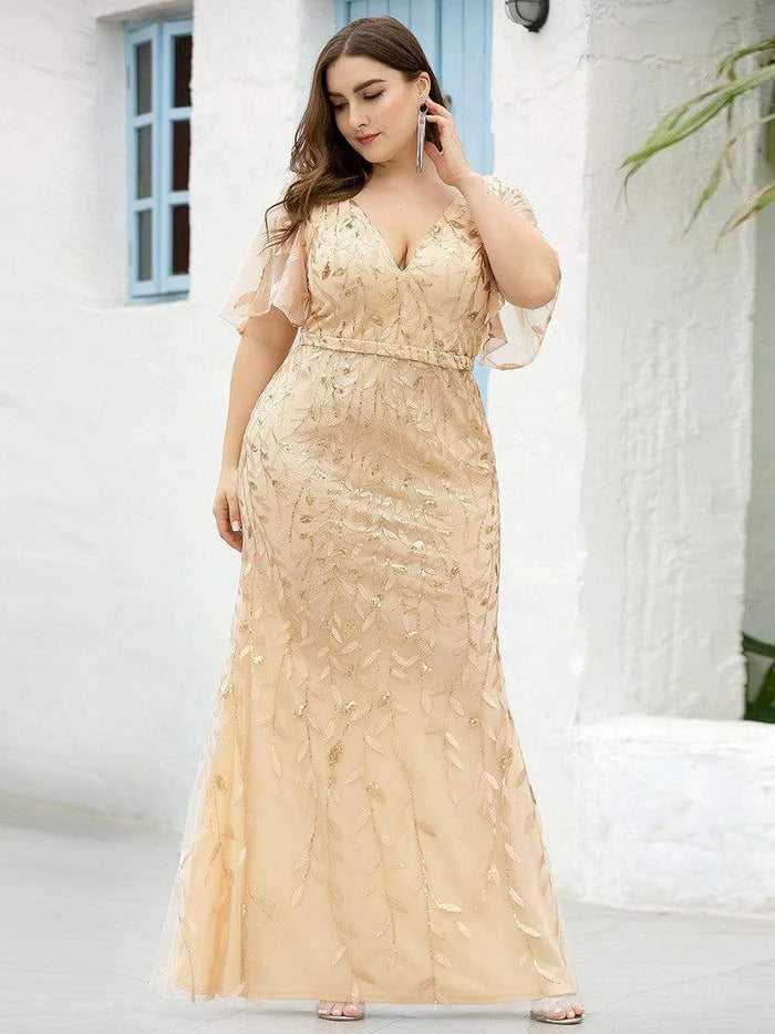 Robe de soirée sirène grande taille à col en V, paillettes et tulle 