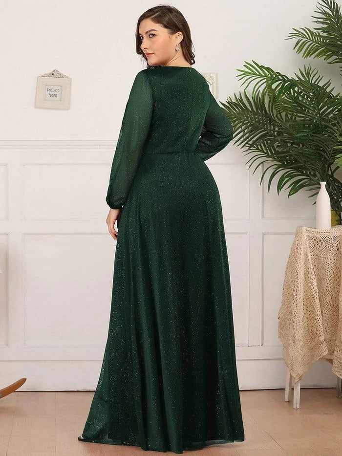 Abendkleid mit V-Ausschnitt und glänzenden Puffärmeln in Übergröße für Damen 