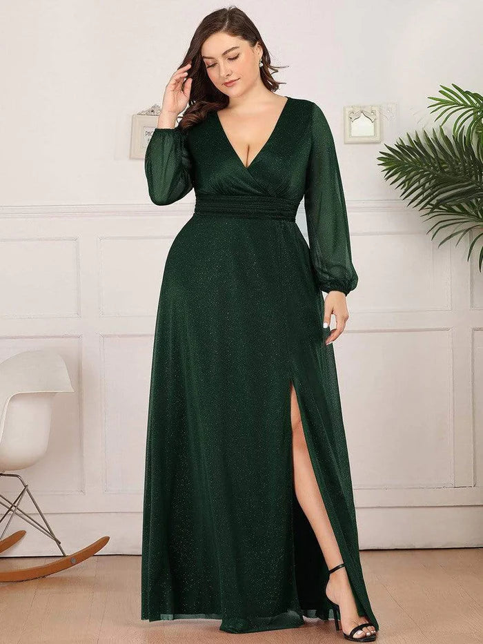 Abendkleid mit V-Ausschnitt und glänzenden Puffärmeln in Übergröße für Damen 
