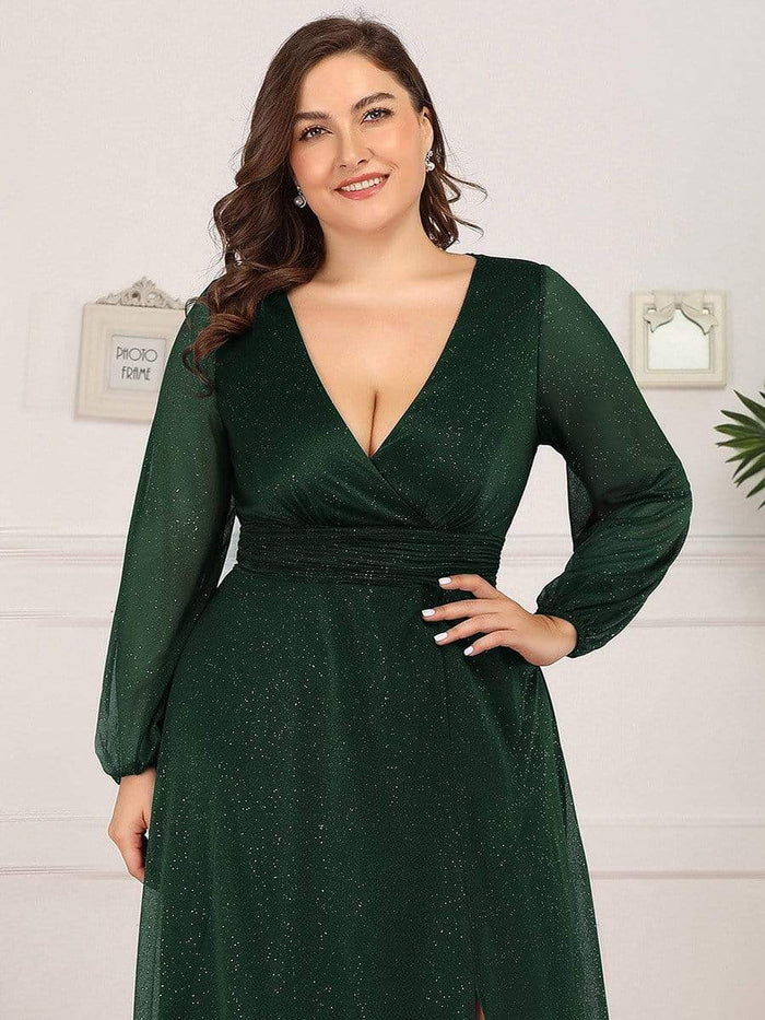 Abendkleid mit V-Ausschnitt und glänzenden Puffärmeln in Übergröße für Damen 