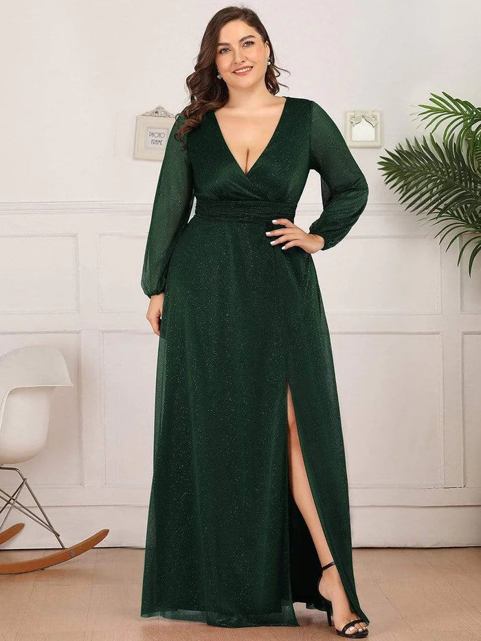 Abendkleid mit V-Ausschnitt und glänzenden Puffärmeln in Übergröße für Damen 