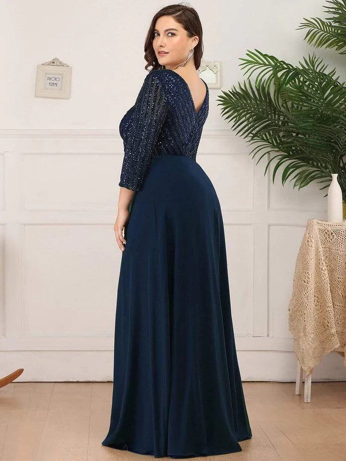 Plus Size V-Ausschnitt A-Linie Pailletten Abendkleid mit Ärmeln 