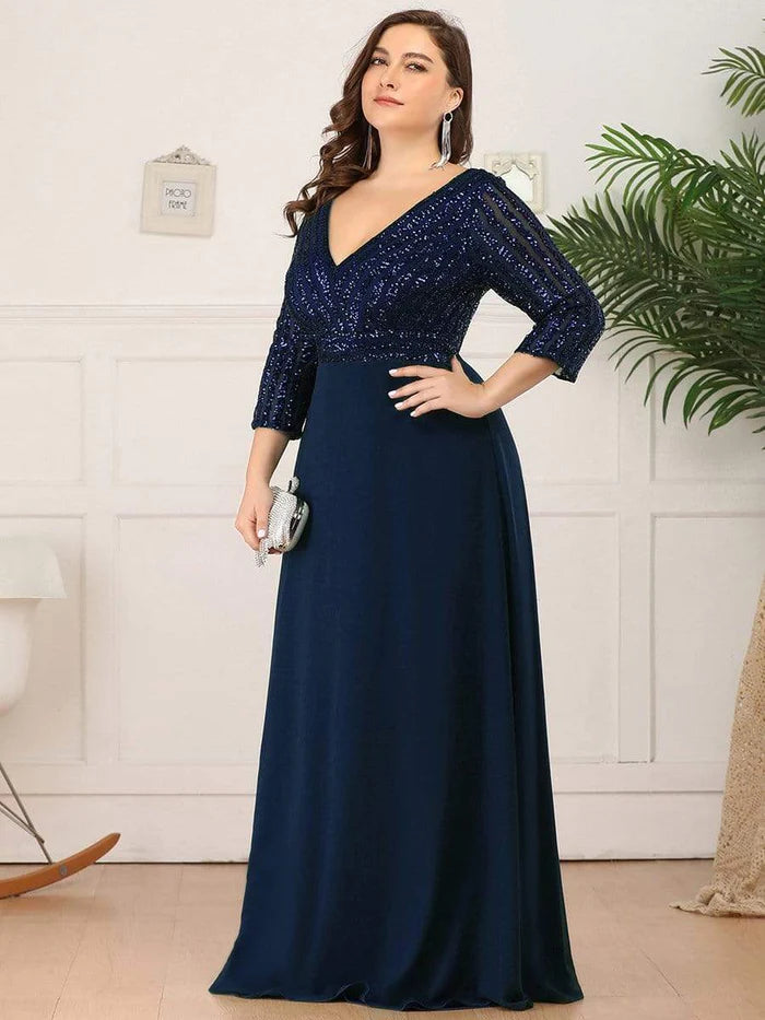 Plus Size V-Ausschnitt A-Linie Pailletten Abendkleid mit Ärmeln 