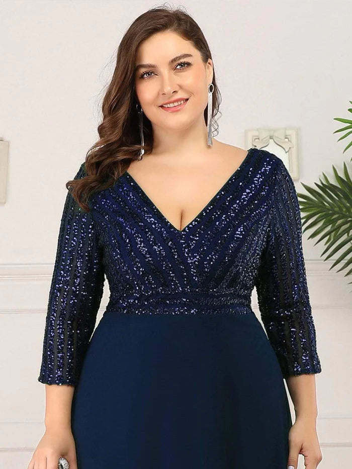 Plus Size V-Ausschnitt A-Linie Pailletten Abendkleid mit Ärmeln 