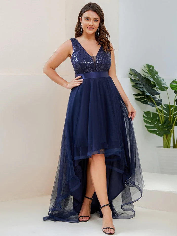 Plus Size Pailletten High-Low Deep V Neck Tüll Ballkleider 
