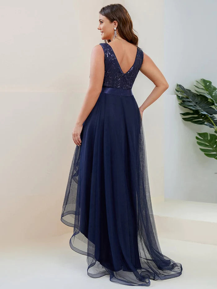 Plus Size Pailletten High-Low Deep V Neck Tüll Ballkleider 