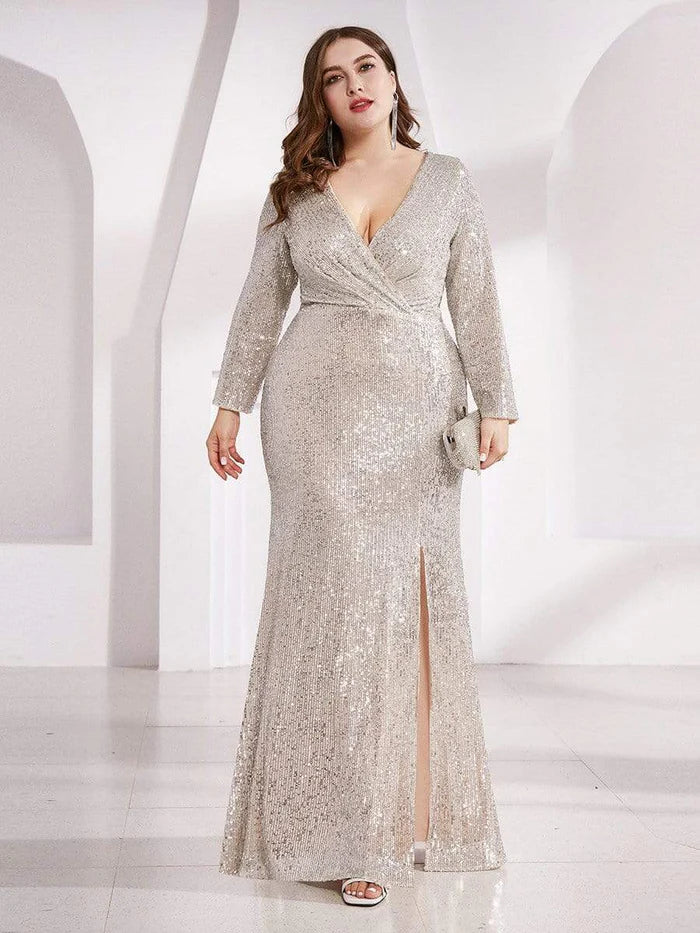 Sexy Abendkleid in Übergröße mit tiefem V-Ausschnitt und Pailletten-Mieder 