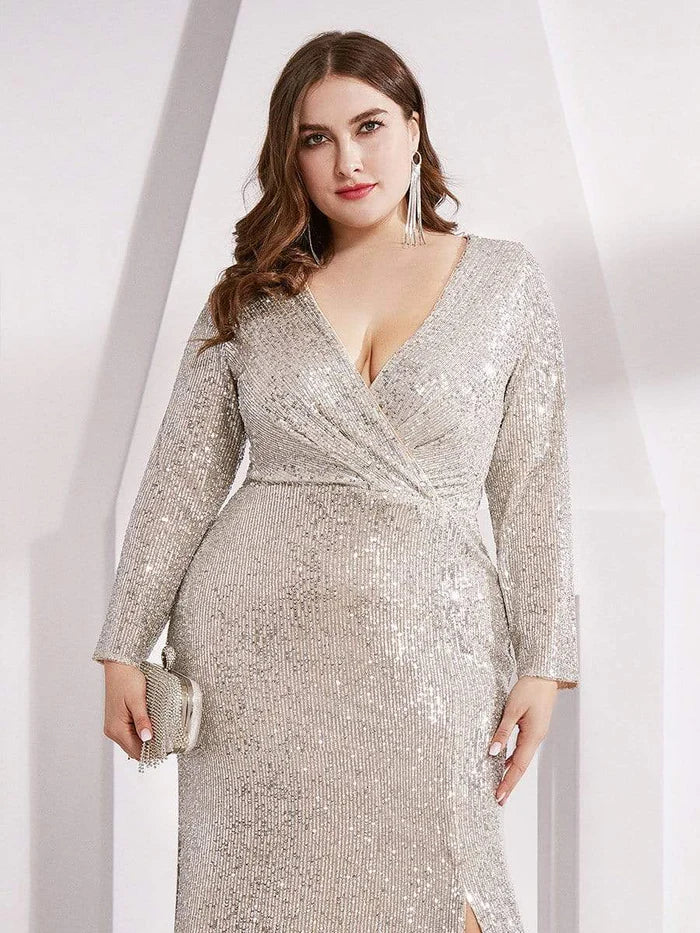 Sexy Abendkleid in Übergröße mit tiefem V-Ausschnitt und Pailletten-Mieder 