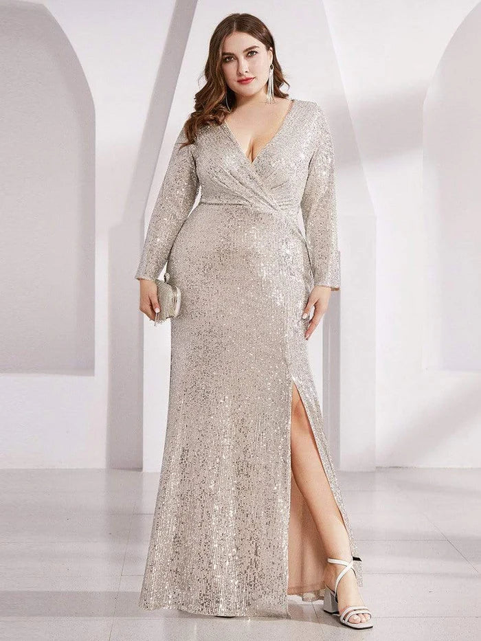 Sexy Abendkleid in Übergröße mit tiefem V-Ausschnitt und Pailletten-Mieder 