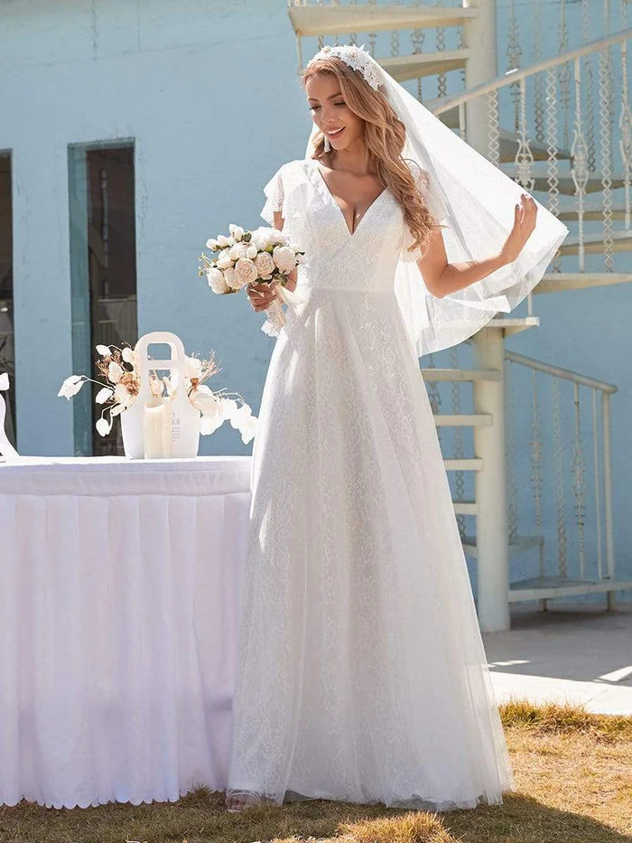 Elegantes Maxi-Brautkleid aus Spitze mit Rüschenärmeln 