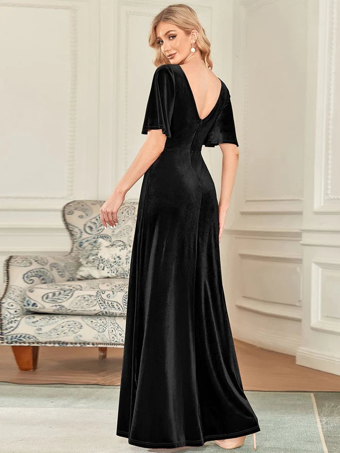 Robe de soirée élégante en velours à double col en V et manches 