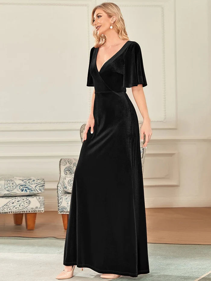 Robe de soirée élégante en velours à double col en V et manches 