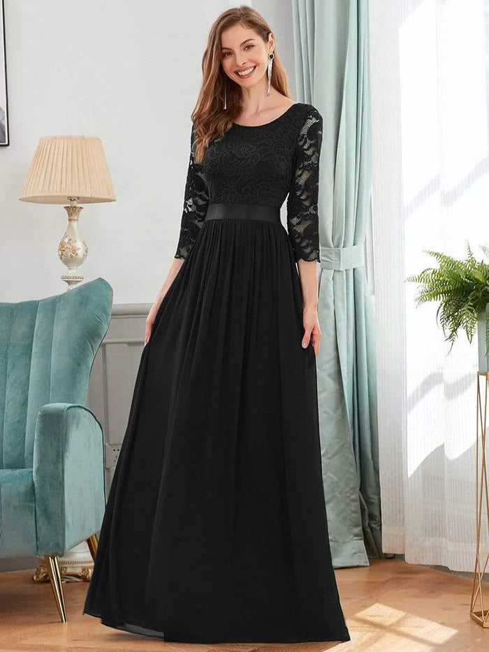 Durchsichtiges bodenlanges Abendkleid aus Spitze mit halben Ärmeln 
