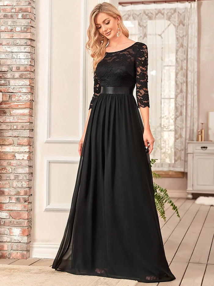 Durchsichtiges bodenlanges Abendkleid aus Spitze mit halben Ärmeln 