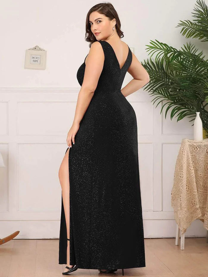 Robe de soirée grande taille brillante à col en V et fente latérale 