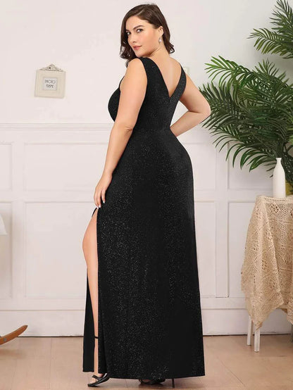 Robe de soirée grande taille brillante à col en V et fente latérale 