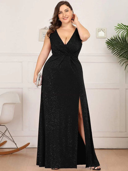 Robe de soirée grande taille brillante à col en V et fente latérale 