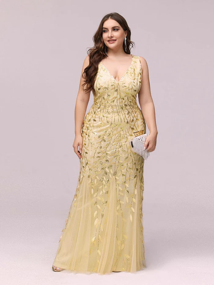Große Größen Doppelter V-Ausschnitt Fischschwanz Pailletten Formelles Maxi Abendkleid 