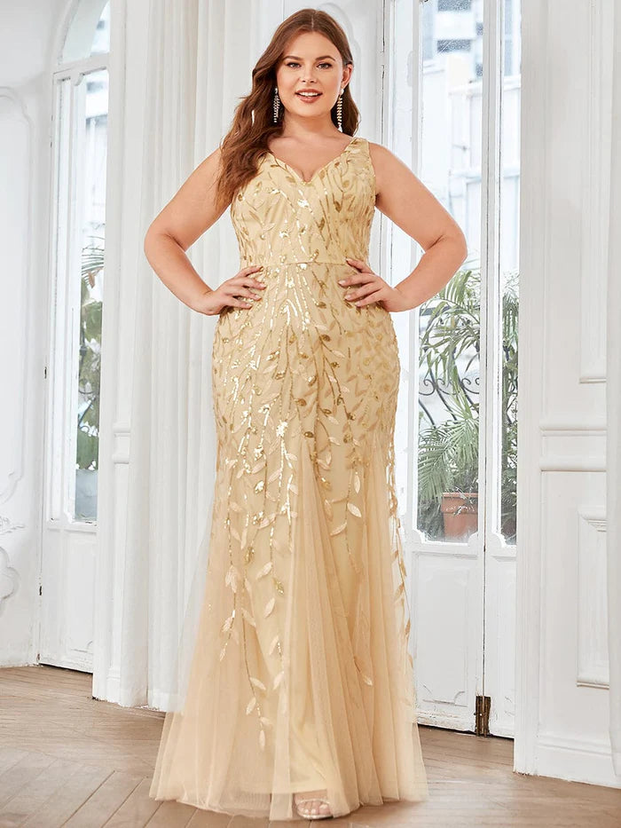 Große Größen Doppelter V-Ausschnitt Fischschwanz Pailletten Formelles Maxi Abendkleid 