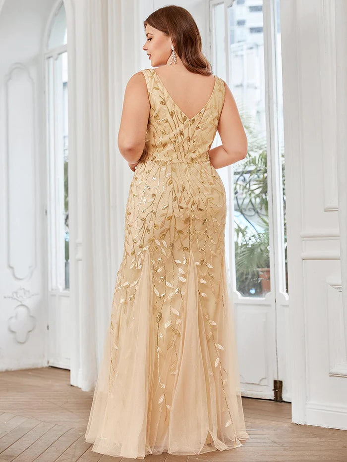Große Größen Doppelter V-Ausschnitt Fischschwanz Pailletten Formelles Maxi Abendkleid 