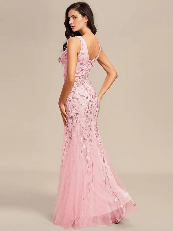 Ärmelloses Abendkleid mit tiefem V-Ausschnitt, Fischschwanz und Blattpailletten 