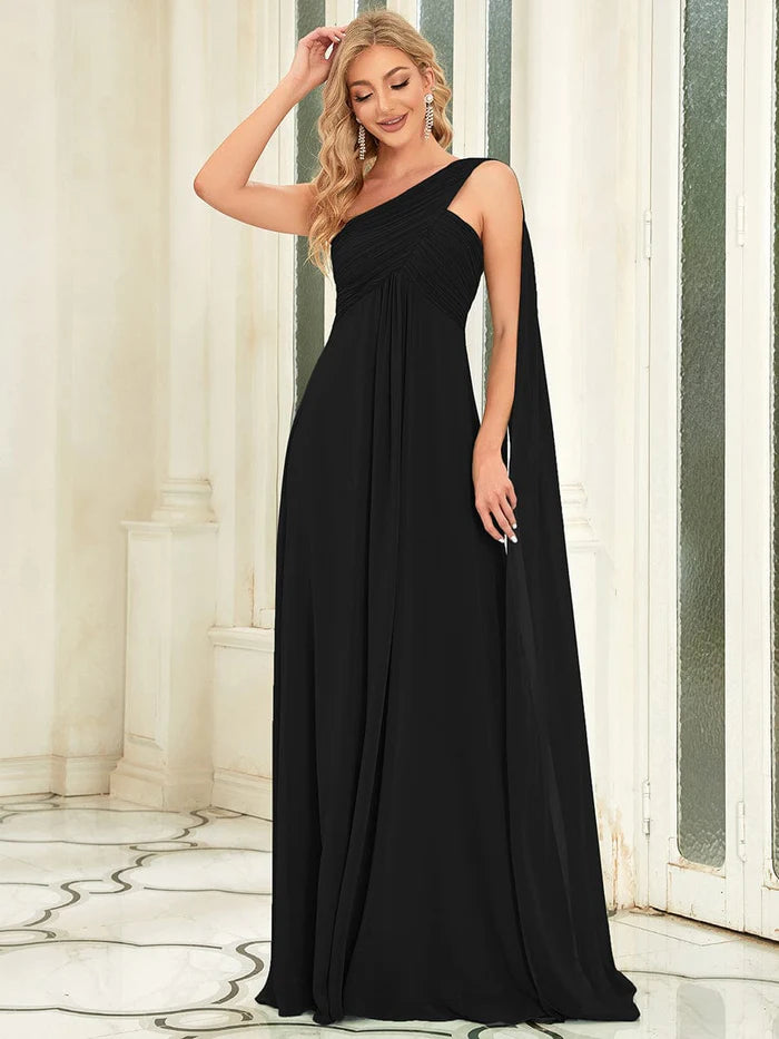 Plissiertes One-Shoulder-Lang-Chiffon-Abendkleid 