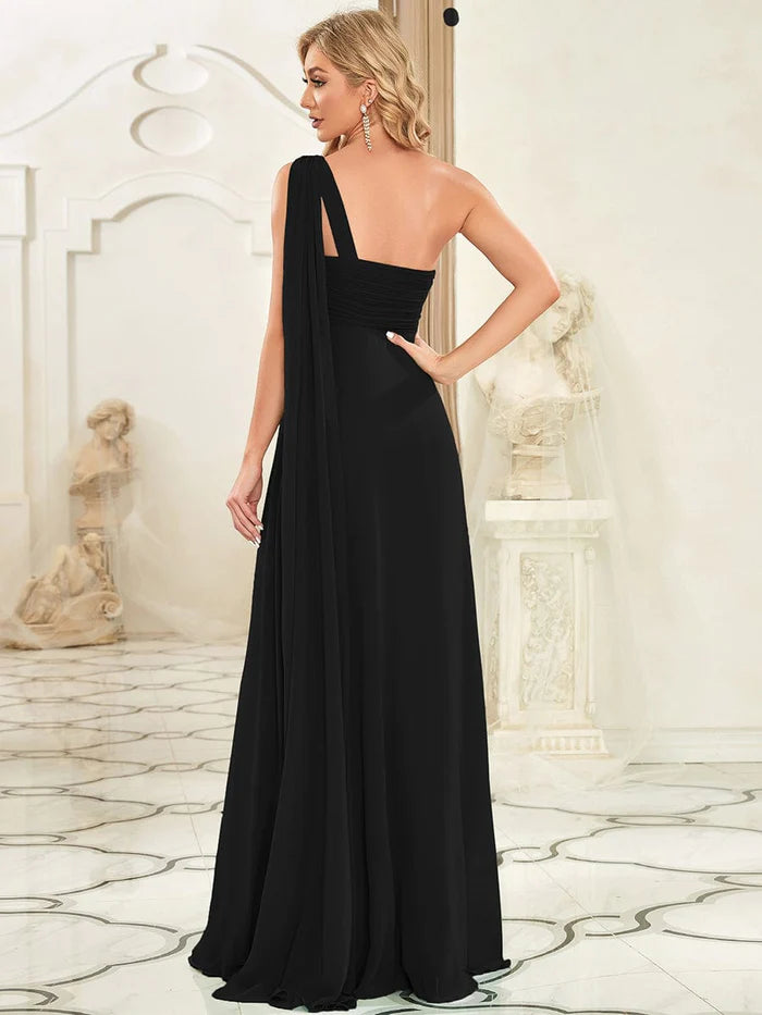 Plissiertes One-Shoulder-Lang-Chiffon-Abendkleid 